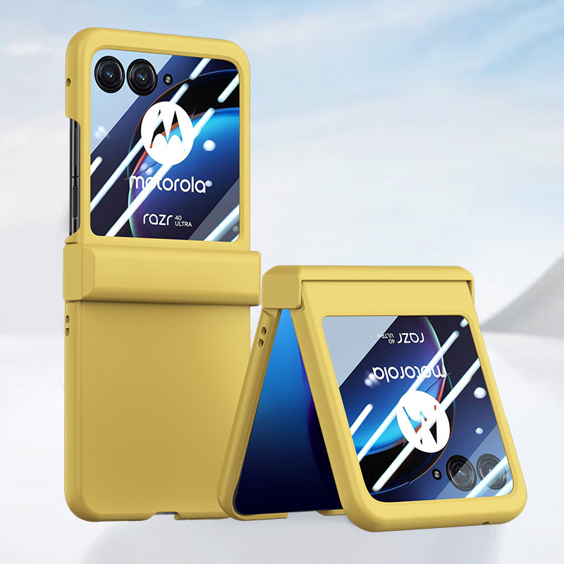 Uniqkart for Motorola Razr 40 Ultra 5G Phone Case Hinge Design PC Cover with Tempered Glass Rear Screen Protector - Yellow