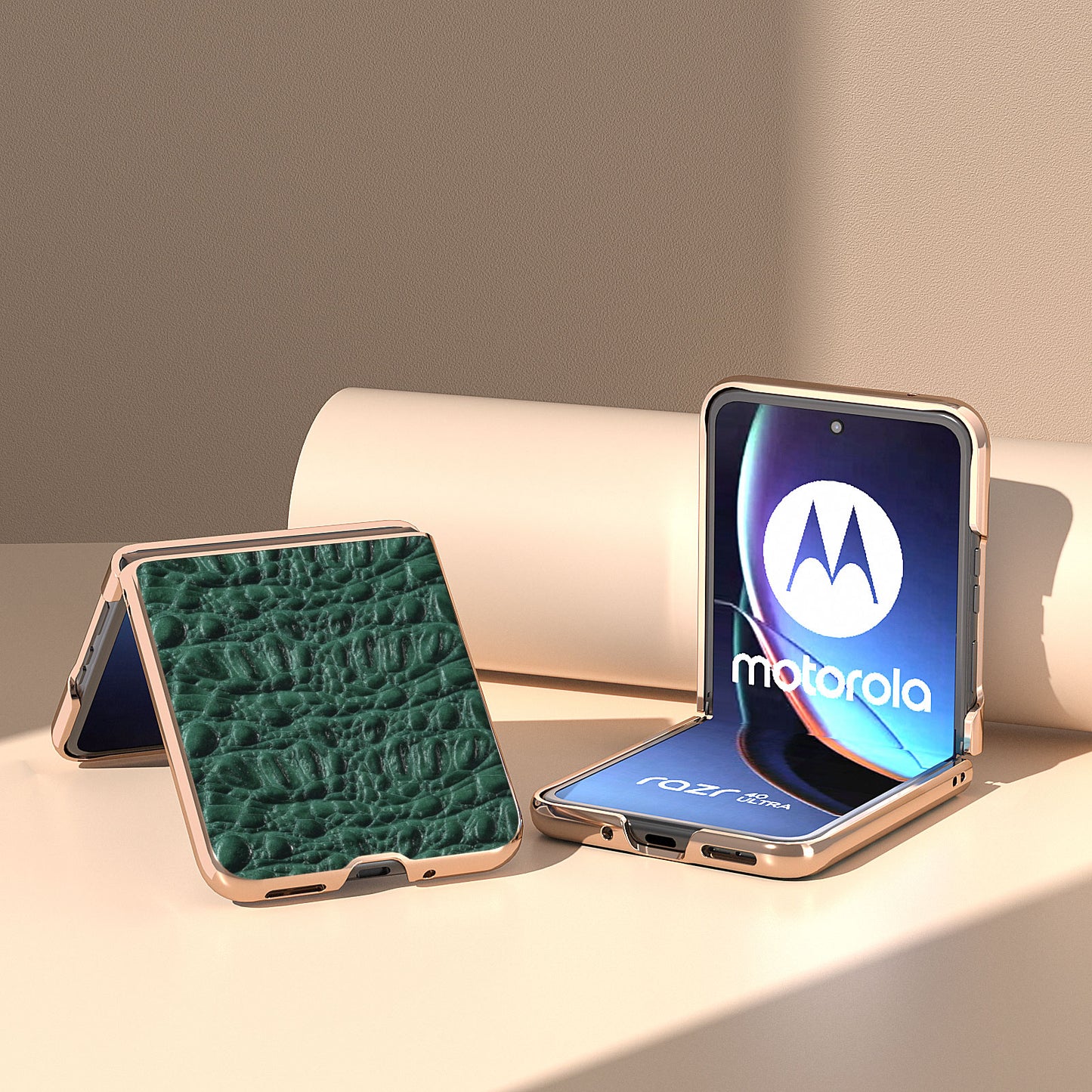Uniqkart for Motorola Razr 40 Ultra 5G Genuine Cow Leather Coated PC Case Nano Electroplating Canopy Texture Phone Cover - Green