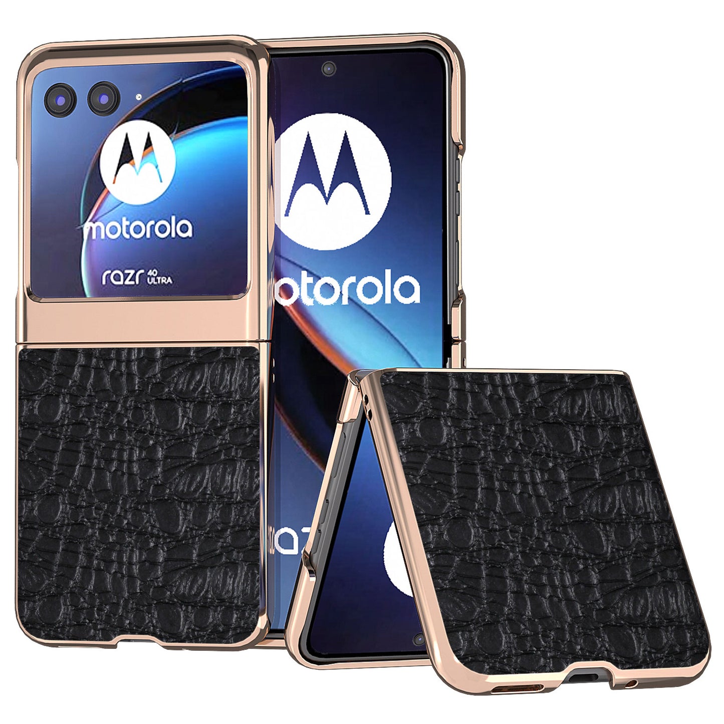 Uniqkart for Motorola Razr 40 Ultra 5G Genuine Cow Leather Coated PC Case Nano Electroplating Canopy Texture Phone Cover - Black