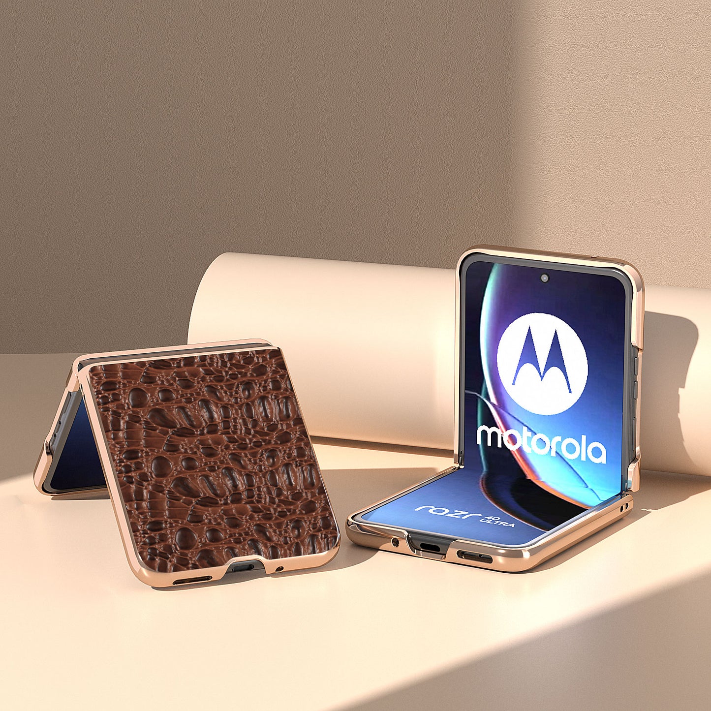 Uniqkart for Motorola Razr 40 Ultra 5G Genuine Cow Leather Coated PC Case Nano Electroplating Canopy Texture Phone Cover - Coffee