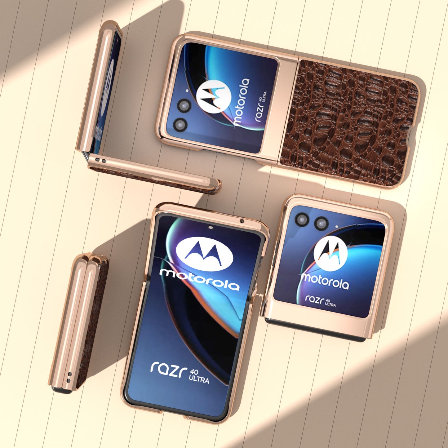 Uniqkart for Motorola Razr 40 Ultra 5G Genuine Cow Leather Coated PC Case Nano Electroplating Canopy Texture Phone Cover - Coffee