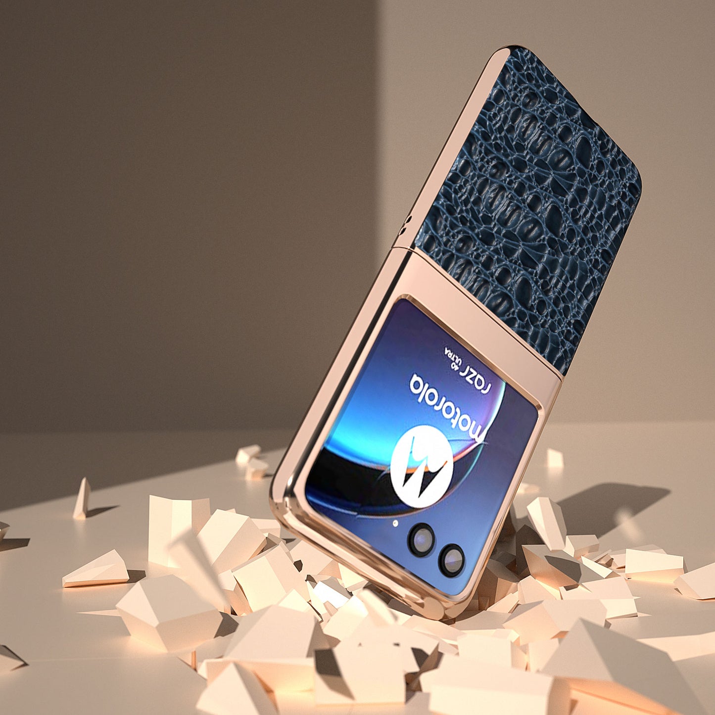 Uniqkart for Motorola Razr 40 Ultra 5G Genuine Cow Leather Coated PC Case Nano Electroplating Canopy Texture Phone Cover - Blue