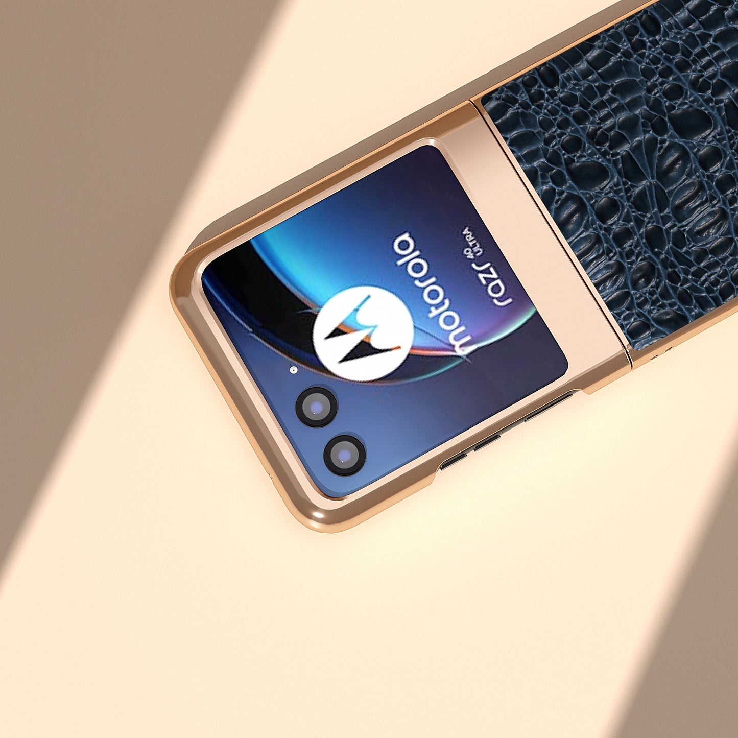 Uniqkart for Motorola Razr 40 Ultra 5G Genuine Cow Leather Coated PC Case Nano Electroplating Canopy Texture Phone Cover - Blue