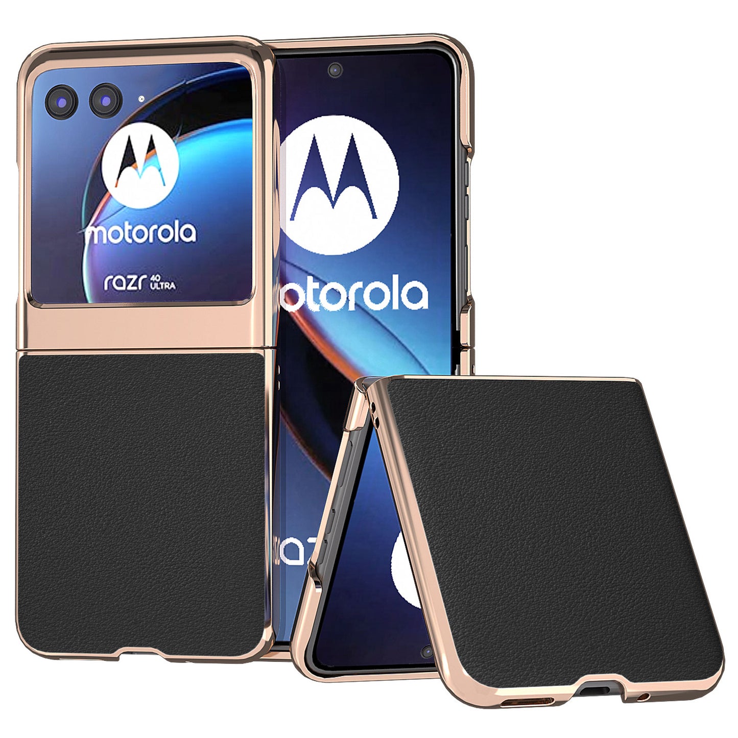 Uniqkart for Motorola Razr 40 Ultra 5G Nano Electroplating Phone Case Genuine Cow Leather+PC Phone Cover - Black