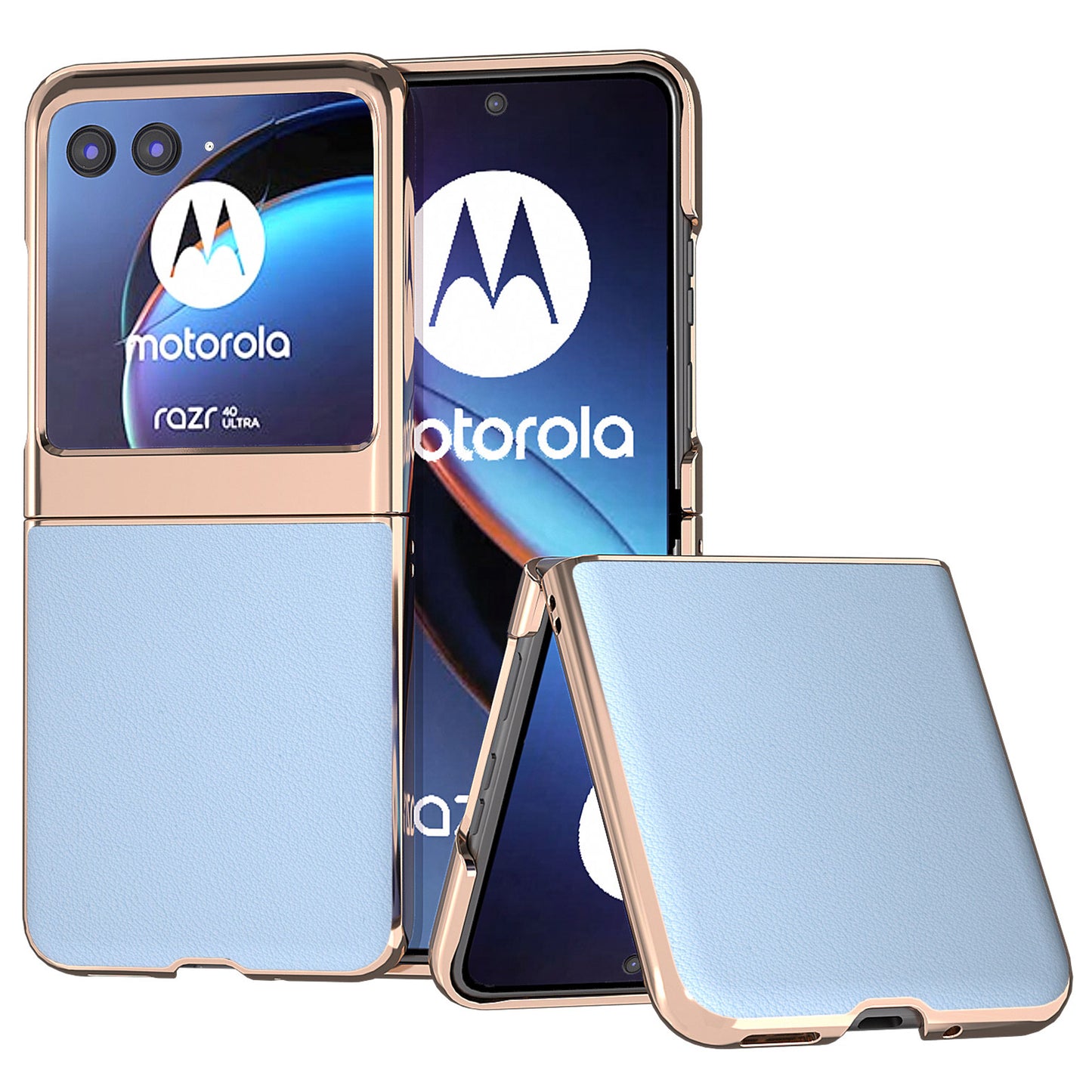 Uniqkart for Motorola Razr 40 Ultra 5G Nano Electroplating Phone Case Genuine Cow Leather+PC Phone Cover - Blue
