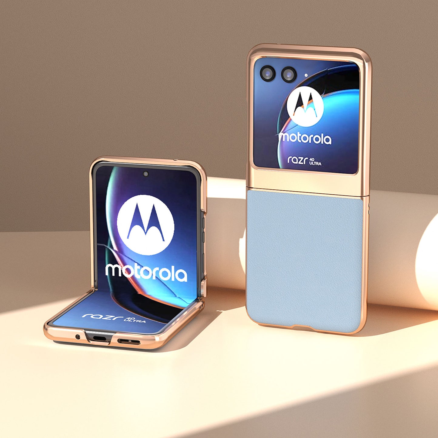 Uniqkart for Motorola Razr 40 Ultra 5G Nano Electroplating Phone Case Genuine Cow Leather+PC Phone Cover - Blue