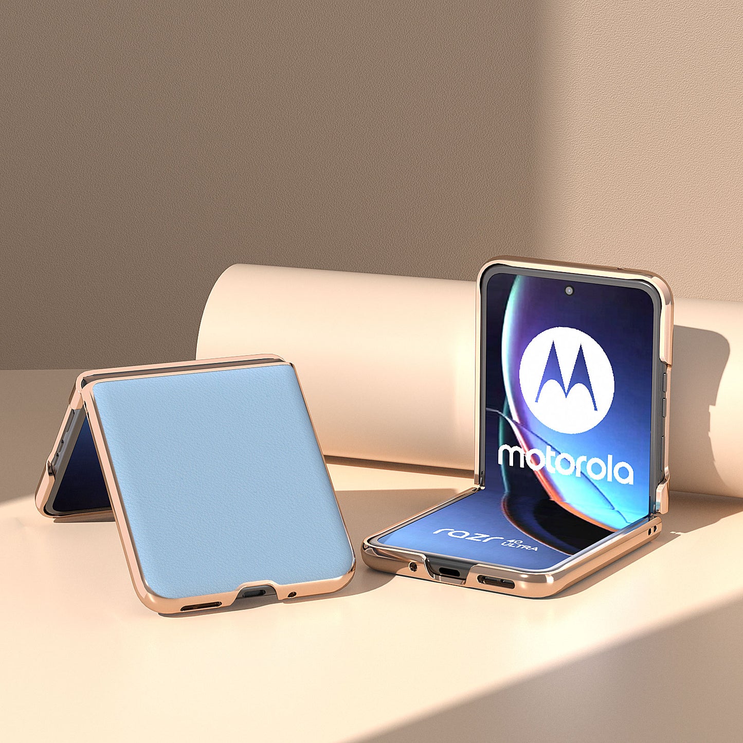 Uniqkart for Motorola Razr 40 Ultra 5G Nano Electroplating Phone Case Genuine Cow Leather+PC Phone Cover - Blue