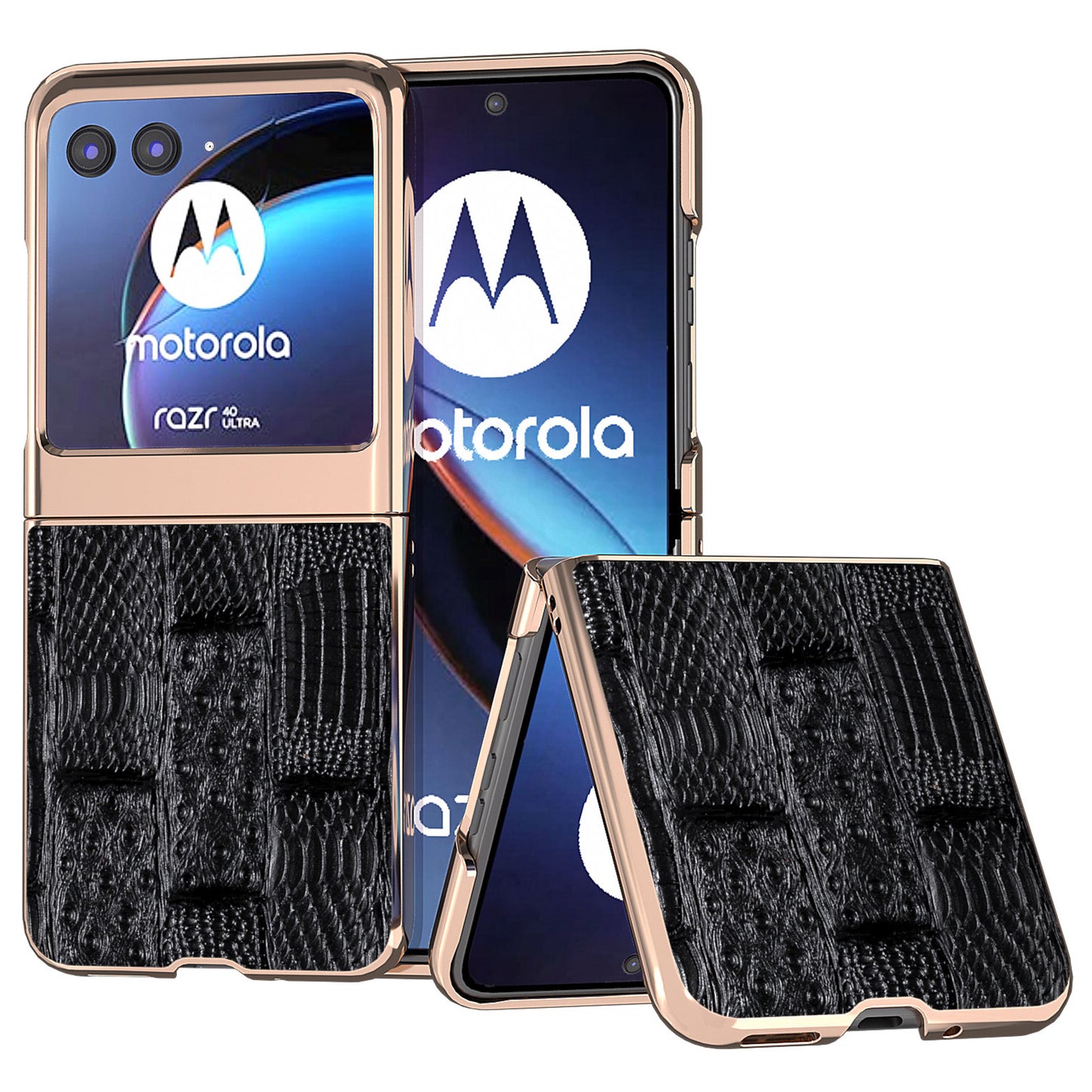 Uniqkart for Motorola Razr 40 Ultra 5G Mahjong Texture Genuine Cow Leather+PC Phone Case Nano Electroplating Phone Cover - Black