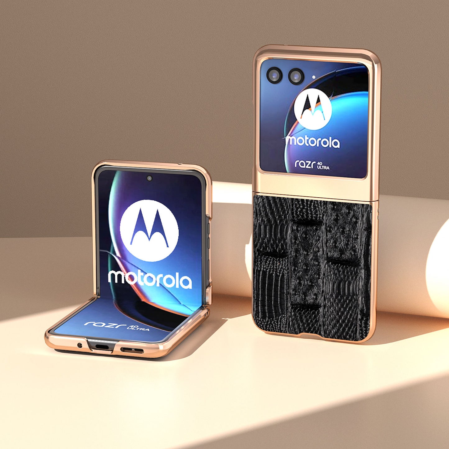 Uniqkart for Motorola Razr 40 Ultra 5G Mahjong Texture Genuine Cow Leather+PC Phone Case Nano Electroplating Phone Cover - Black