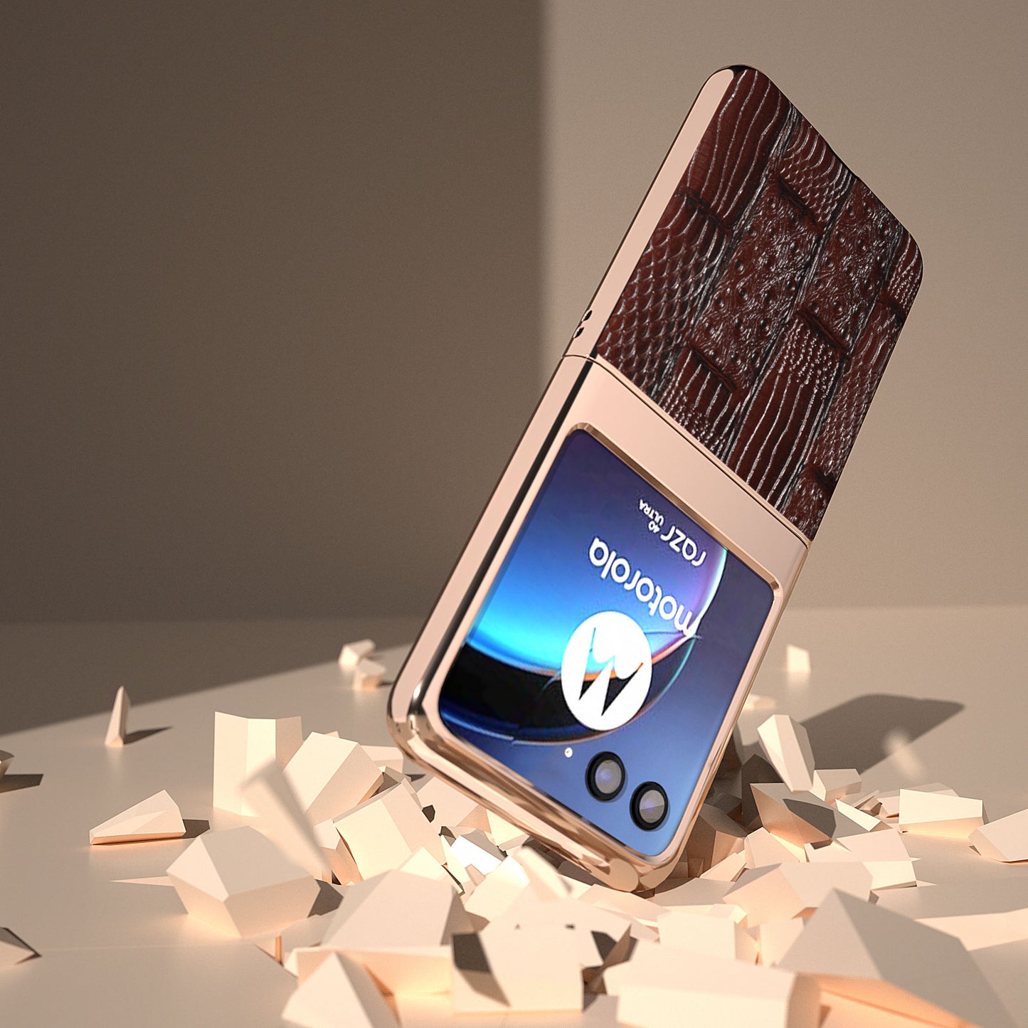 Uniqkart for Motorola Razr 40 Ultra 5G Mahjong Texture Genuine Cow Leather+PC Phone Case Nano Electroplating Phone Cover - Brown