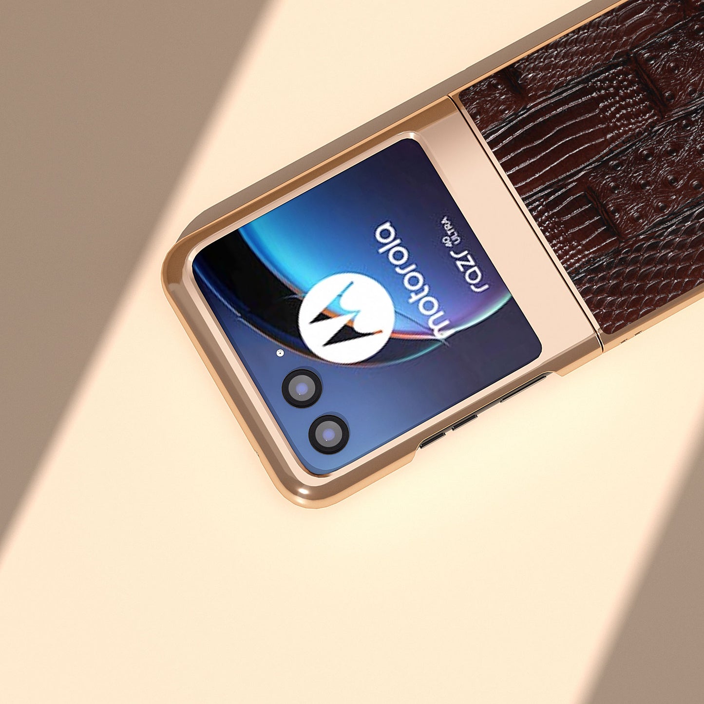 Uniqkart for Motorola Razr 40 Ultra 5G Mahjong Texture Genuine Cow Leather+PC Phone Case Nano Electroplating Phone Cover - Brown