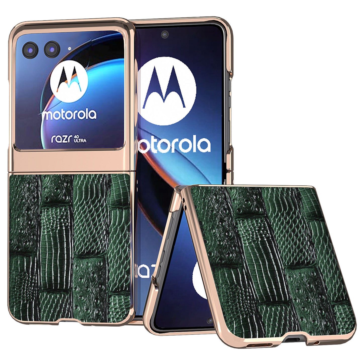 Uniqkart for Motorola Razr 40 Ultra 5G Mahjong Texture Genuine Cow Leather+PC Phone Case Nano Electroplating Phone Cover - Green