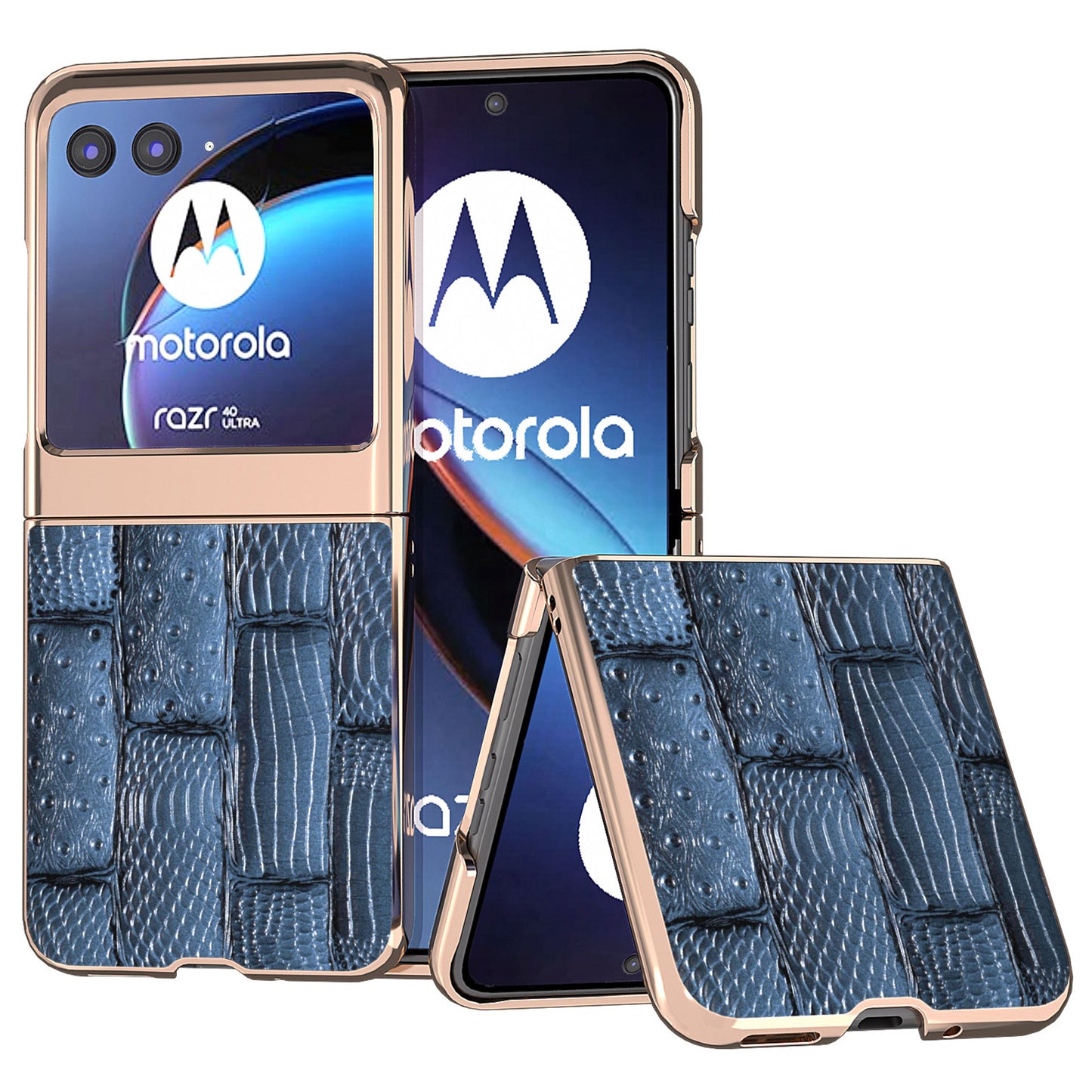 Uniqkart for Motorola Razr 40 Ultra 5G Mahjong Texture Genuine Cow Leather+PC Phone Case Nano Electroplating Phone Cover - Blue