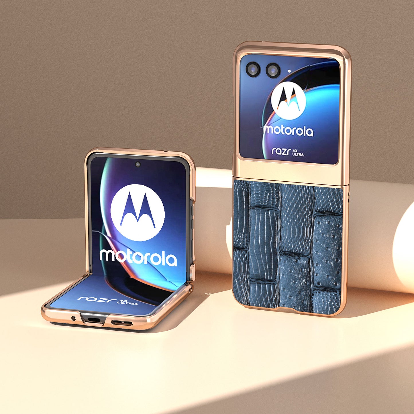 Uniqkart for Motorola Razr 40 Ultra 5G Mahjong Texture Genuine Cow Leather+PC Phone Case Nano Electroplating Phone Cover - Blue