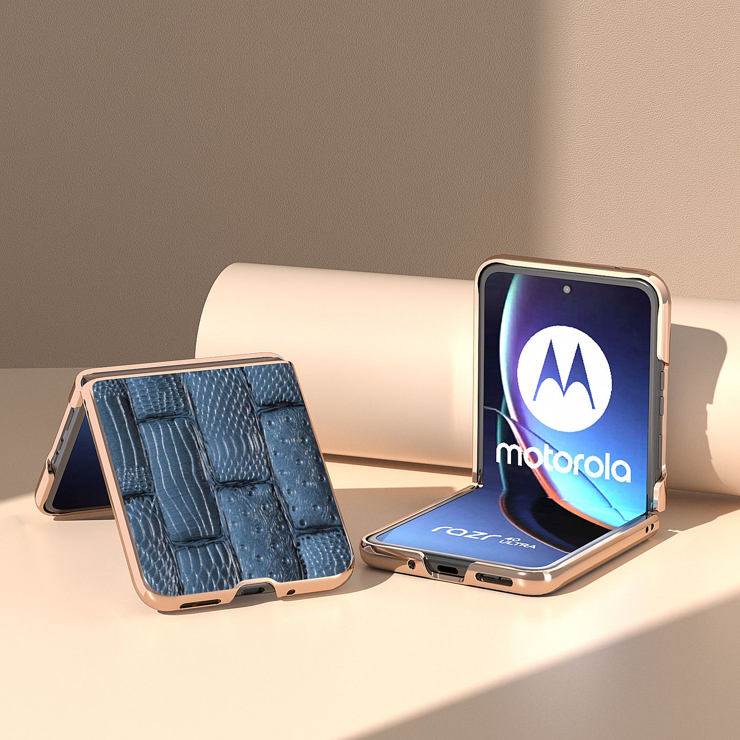 Uniqkart for Motorola Razr 40 Ultra 5G Mahjong Texture Genuine Cow Leather+PC Phone Case Nano Electroplating Phone Cover - Blue
