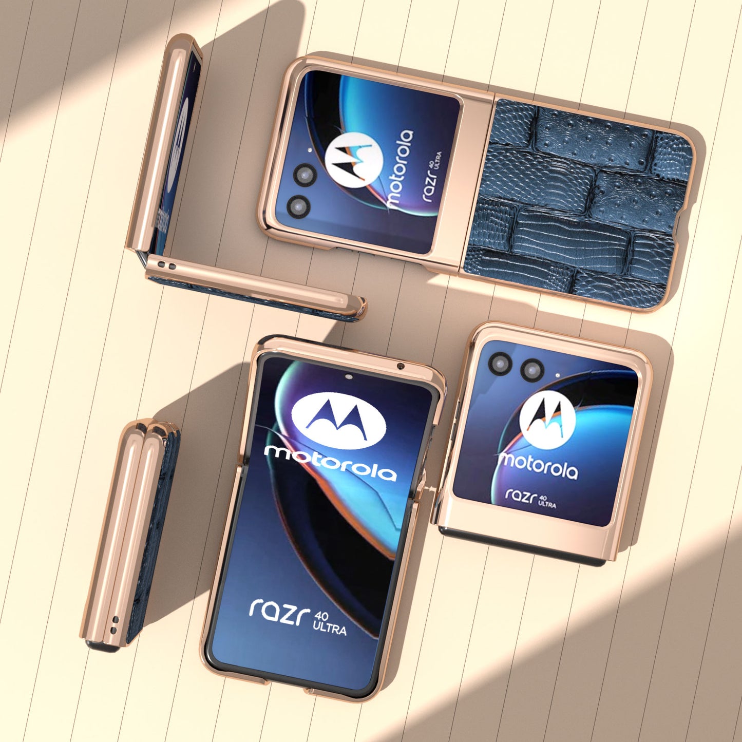 Uniqkart for Motorola Razr 40 Ultra 5G Mahjong Texture Genuine Cow Leather+PC Phone Case Nano Electroplating Phone Cover - Blue
