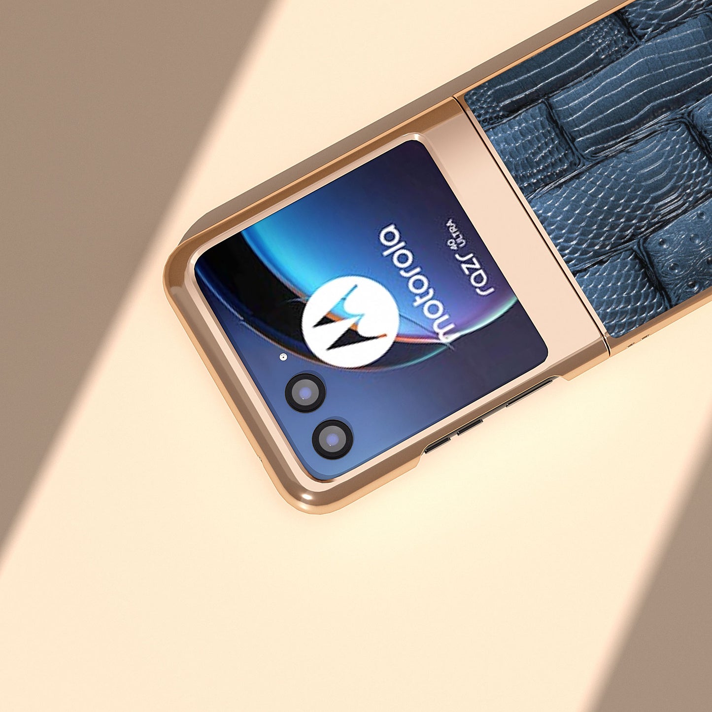 Uniqkart for Motorola Razr 40 Ultra 5G Mahjong Texture Genuine Cow Leather+PC Phone Case Nano Electroplating Phone Cover - Blue