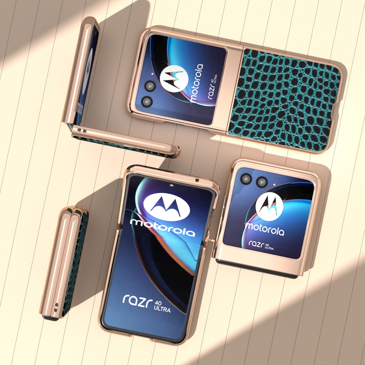 Uniqkart for Motorola Razr 40 Ultra 5G Nano Electroplating Phone Case Genuine Cow Leather Coated PC Crocodile Texture Cover - Midnight Green