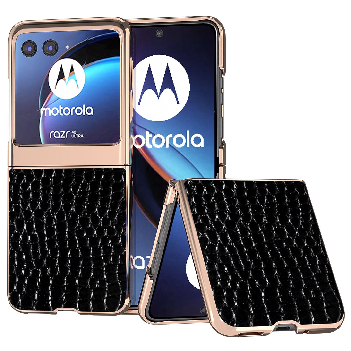 Uniqkart for Motorola Razr 40 Ultra 5G Nano Electroplating Phone Case Genuine Cow Leather Coated PC Crocodile Texture Cover - Black