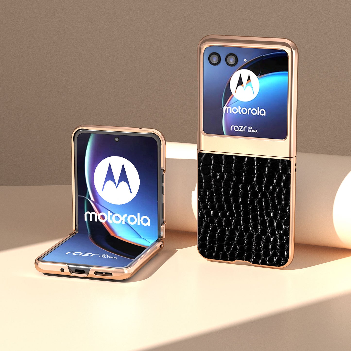 Uniqkart for Motorola Razr 40 Ultra 5G Nano Electroplating Phone Case Genuine Cow Leather Coated PC Crocodile Texture Cover - Black