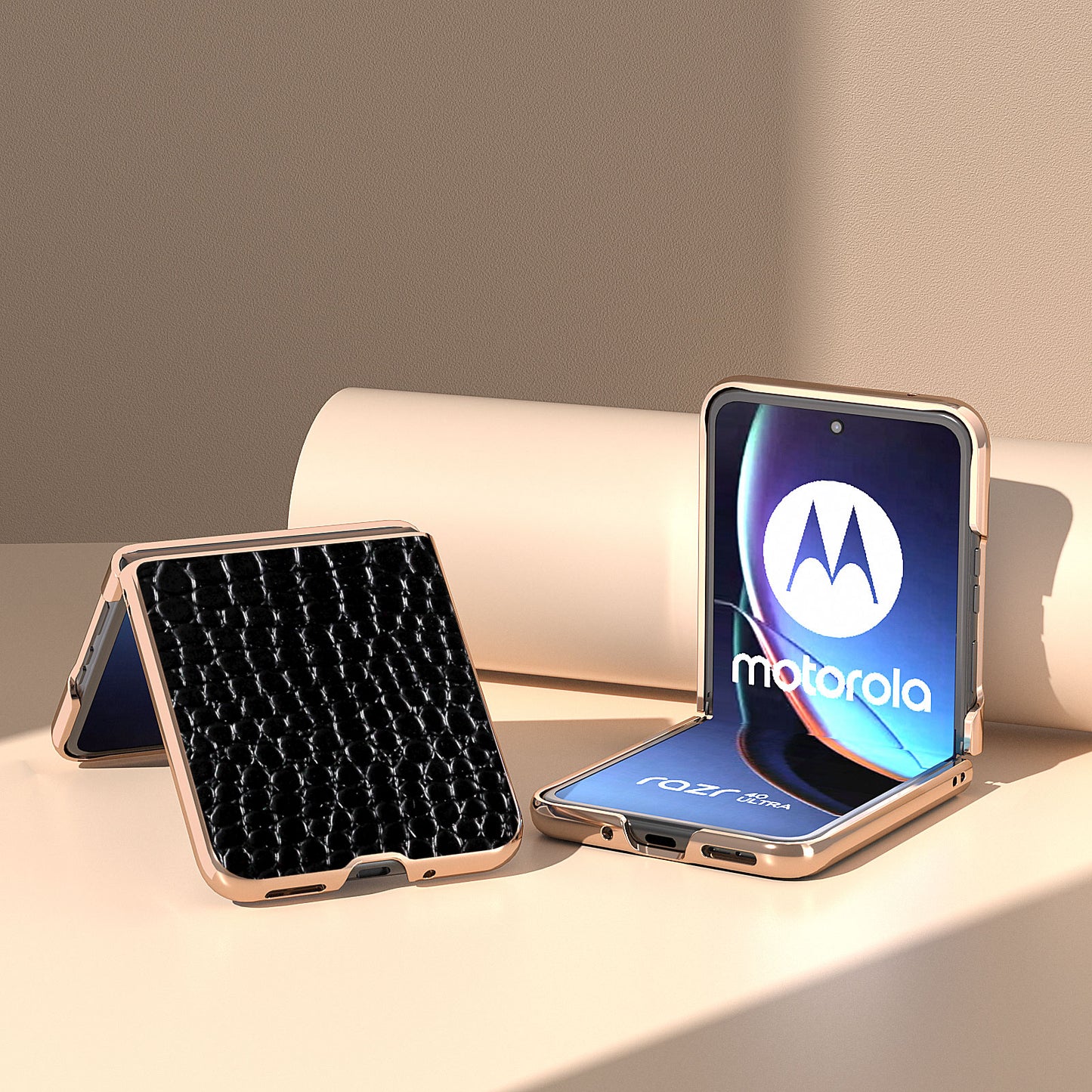 Uniqkart for Motorola Razr 40 Ultra 5G Nano Electroplating Phone Case Genuine Cow Leather Coated PC Crocodile Texture Cover - Black