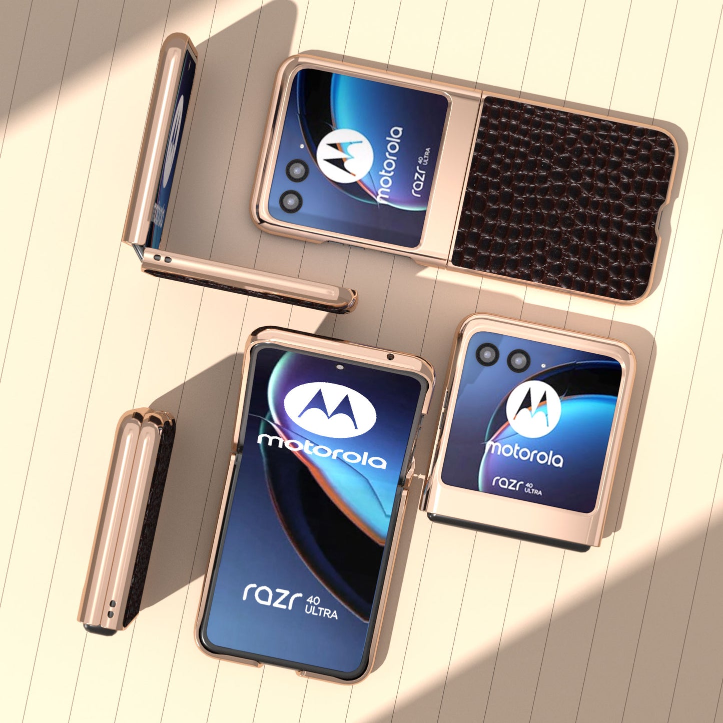 Uniqkart for Motorola Razr 40 Ultra 5G Nano Electroplating Phone Case Genuine Cow Leather Coated PC Crocodile Texture Cover - Coffee