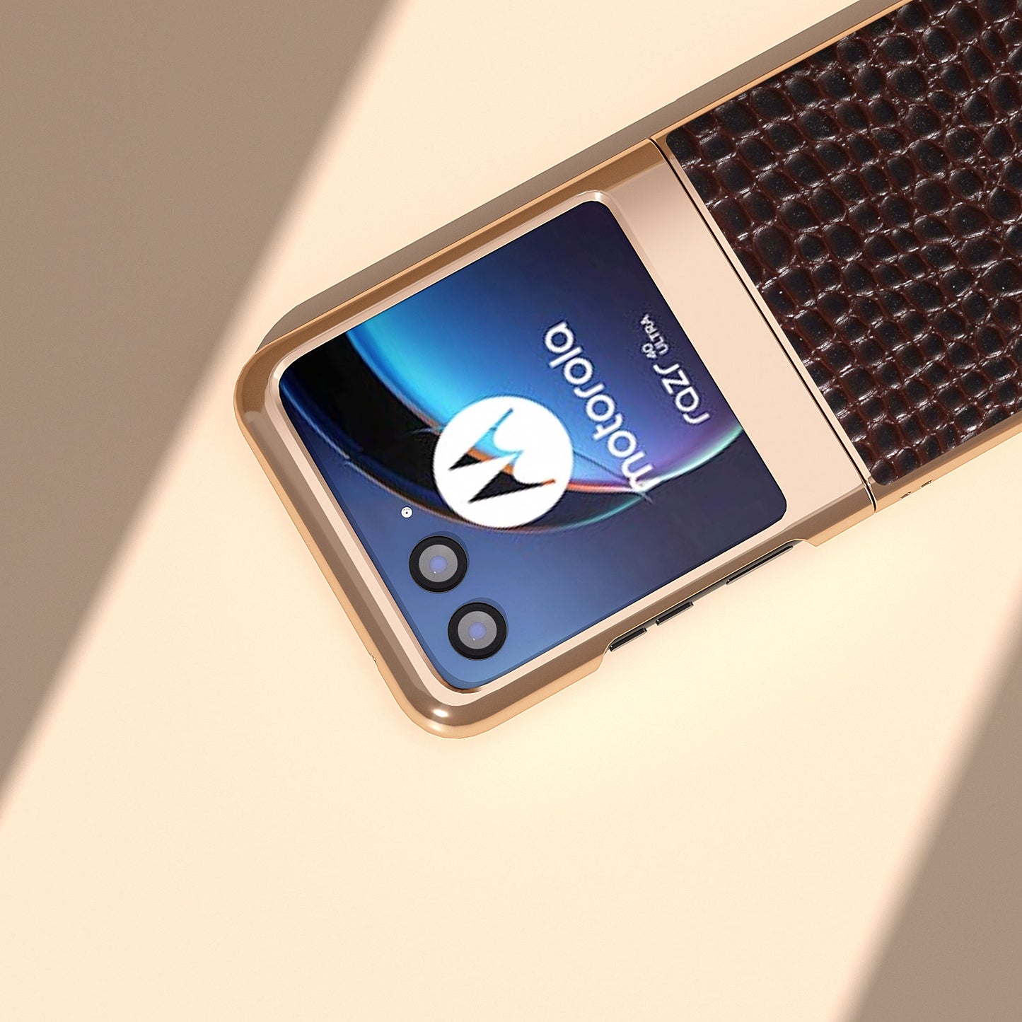 Uniqkart for Motorola Razr 40 Ultra 5G Nano Electroplating Phone Case Genuine Cow Leather Coated PC Crocodile Texture Cover - Coffee