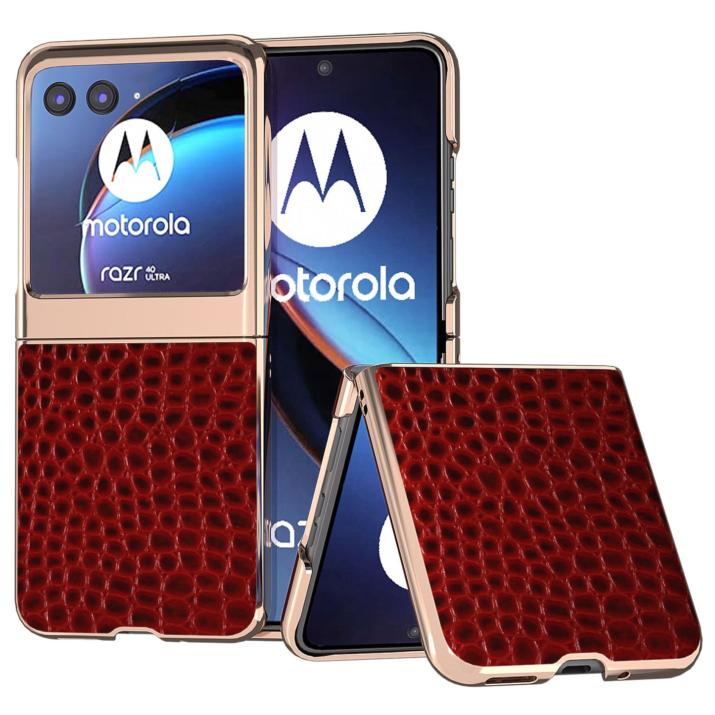 Uniqkart for Motorola Razr 40 Ultra 5G Nano Electroplating Phone Case Genuine Cow Leather Coated PC Crocodile Texture Cover - Red