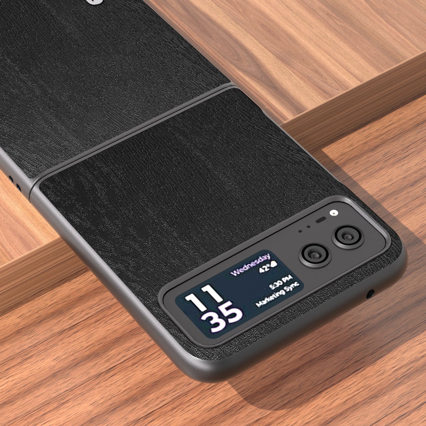 Uniqkart For Motorola Razr 40 5G Wood Texture Phone Case PU Leather Coated PC Fall-proof Cover - Black