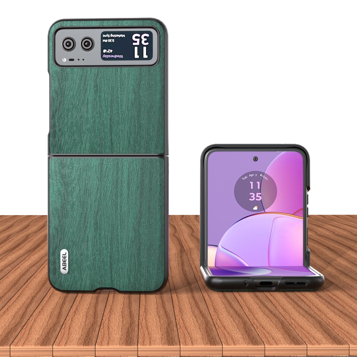 Uniqkart For Motorola Razr 40 5G Wood Texture Phone Case PU Leather Coated PC Fall-proof Cover - Green