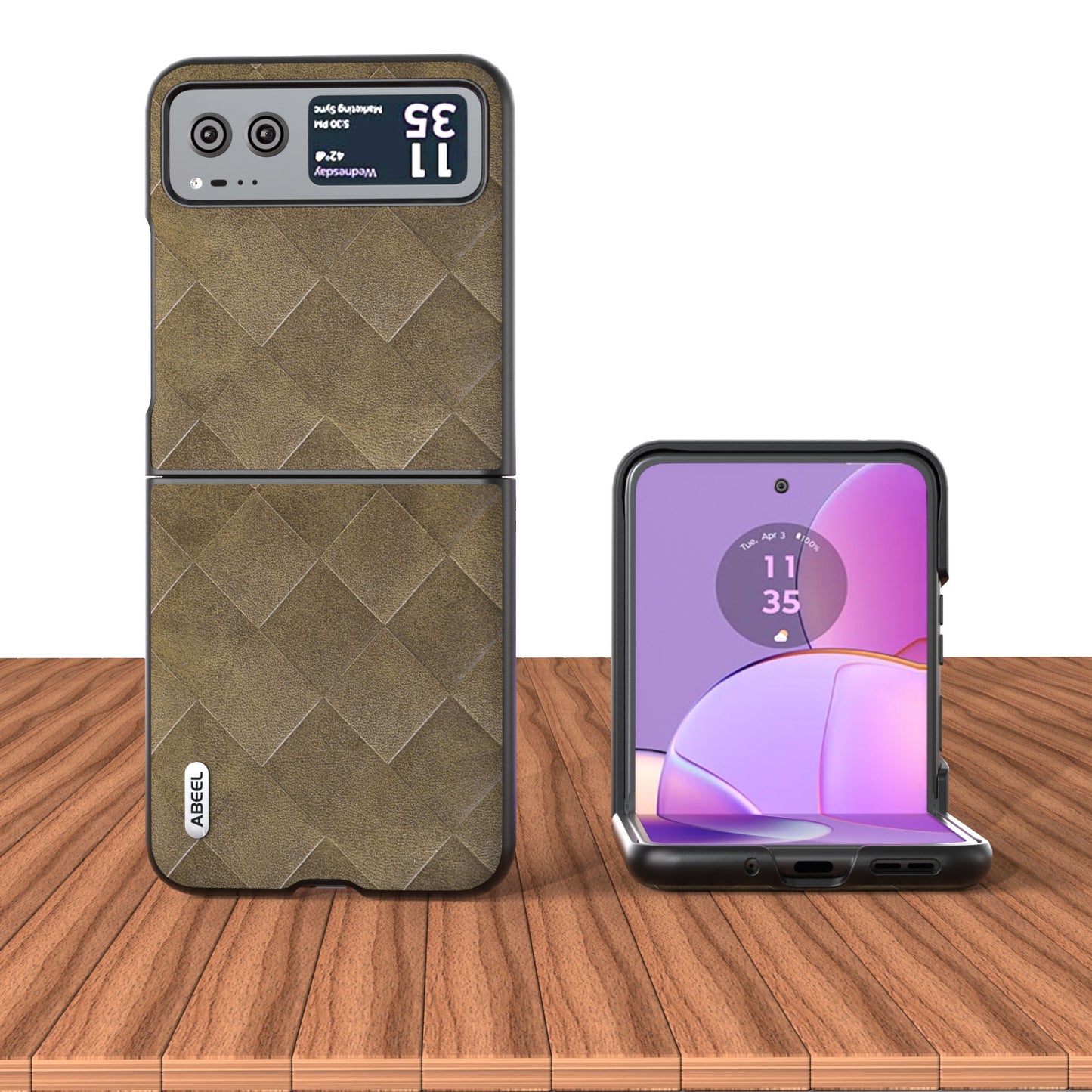 Uniqkart For Motorola Razr 40 5G PU Leather Coated PC Phone Case Grid Texture Anti-Drop Protective Cover - Green