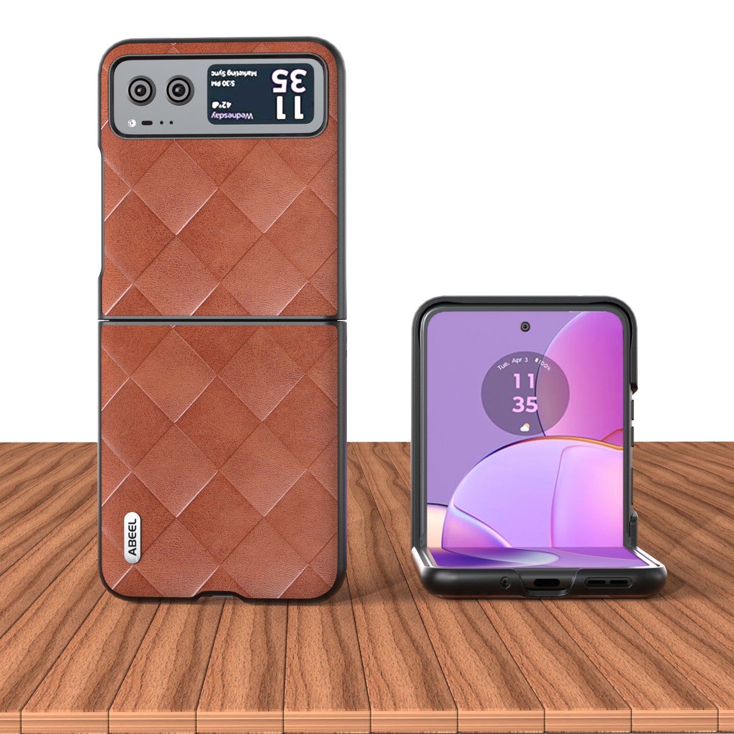 Uniqkart For Motorola Razr 40 5G PU Leather Coated PC Phone Case Grid Texture Anti-Drop Protective Cover - Brown