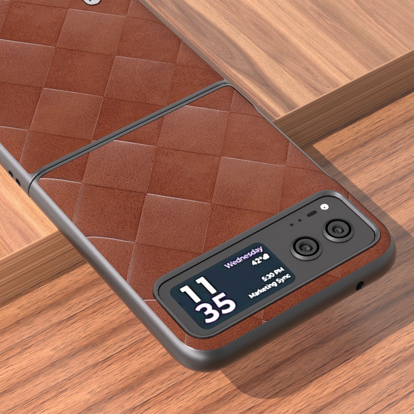 Uniqkart For Motorola Razr 40 5G PU Leather Coated PC Phone Case Grid Texture Anti-Drop Protective Cover - Brown