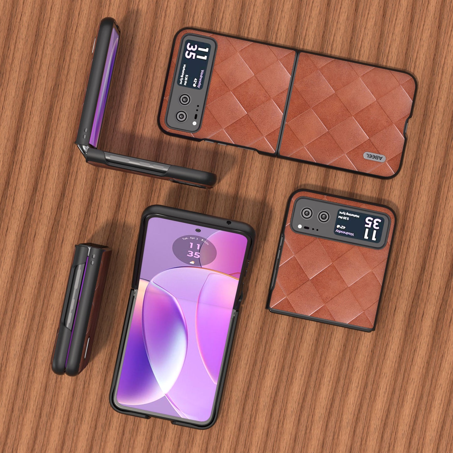 Uniqkart For Motorola Razr 40 5G PU Leather Coated PC Phone Case Grid Texture Anti-Drop Protective Cover - Brown