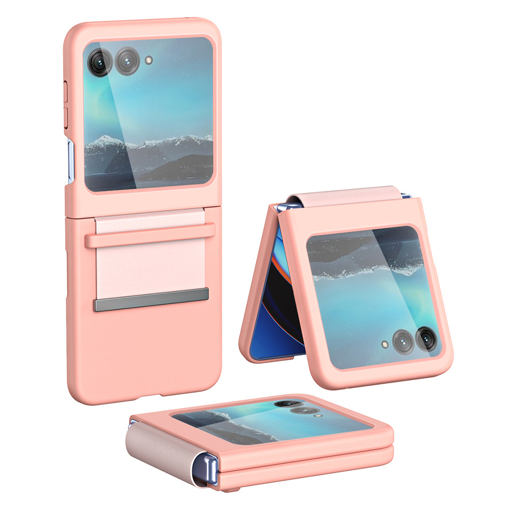 Uniqkart for Motorola Razr 40 Ultra 5G PU Leather + Hard PC Phone Case Retractable Strap Hinge Protection Cover - Pink