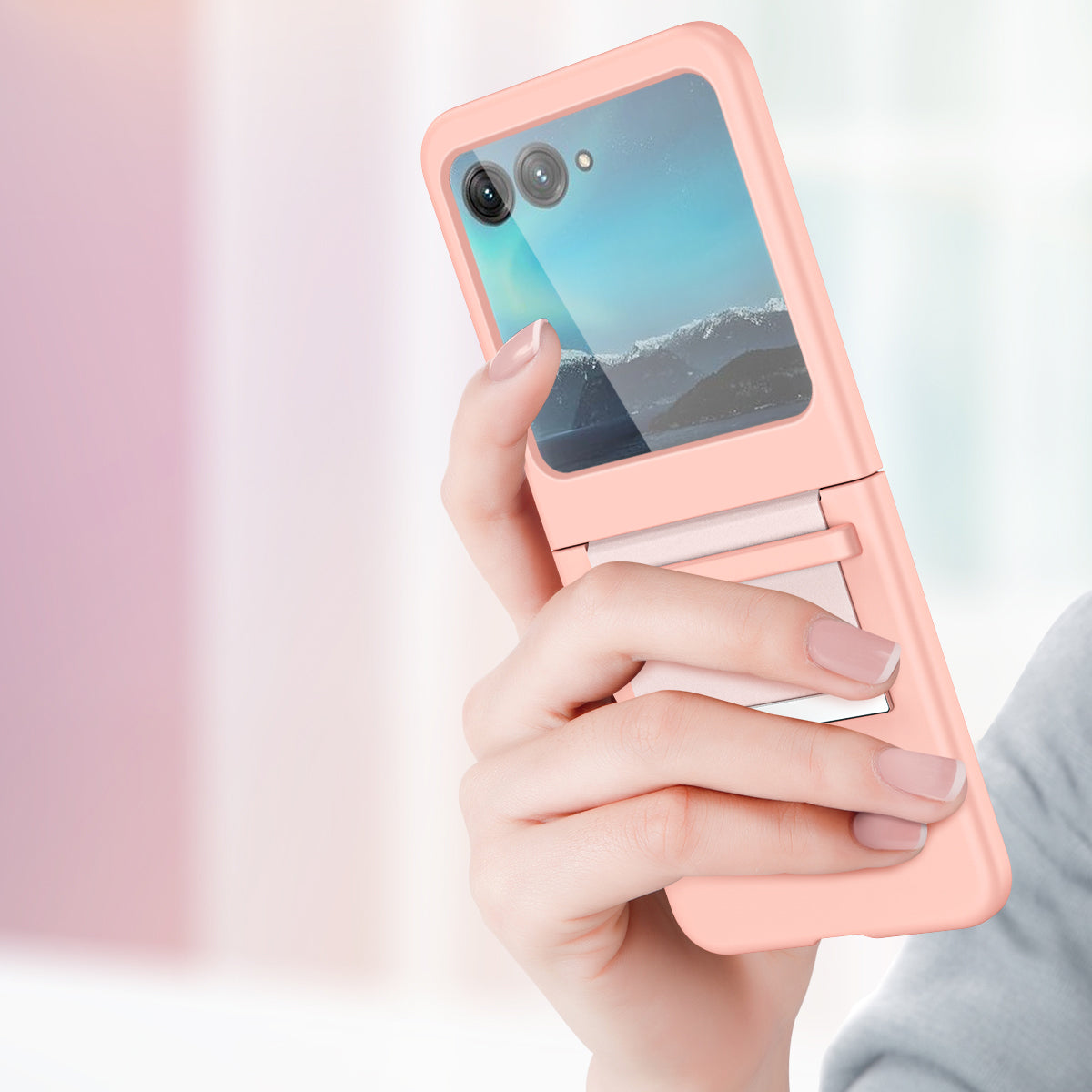 Uniqkart for Motorola Razr 40 Ultra 5G PU Leather + Hard PC Phone Case Retractable Strap Hinge Protection Cover - Pink