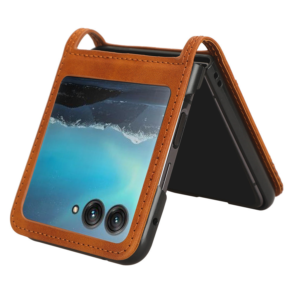Uniqkart for Motorola Razr 40 Ultra 5G PU Leather Hard PC Vintage Case Card Slot Anti-Drop Phone Cover - Brown