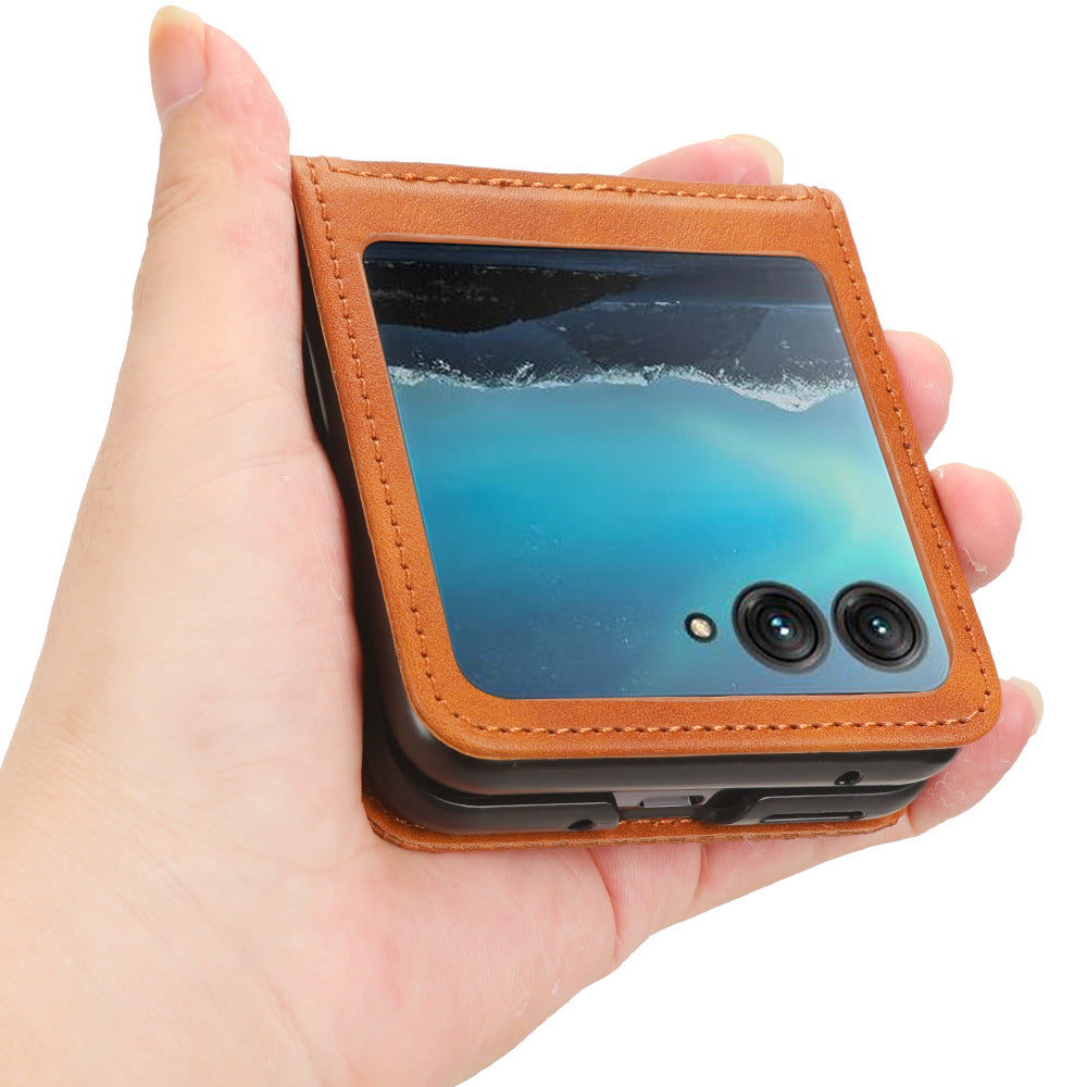 Uniqkart for Motorola Razr 40 Ultra 5G PU Leather Hard PC Vintage Case Card Slot Anti-Drop Phone Cover - Brown
