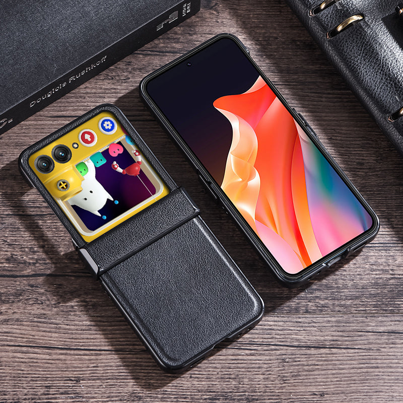 Uniqkart for Motorola Razr 40 Ultra 5G Hinge Protection Phone Case Textured Leather Coated PC Back Cover - Black