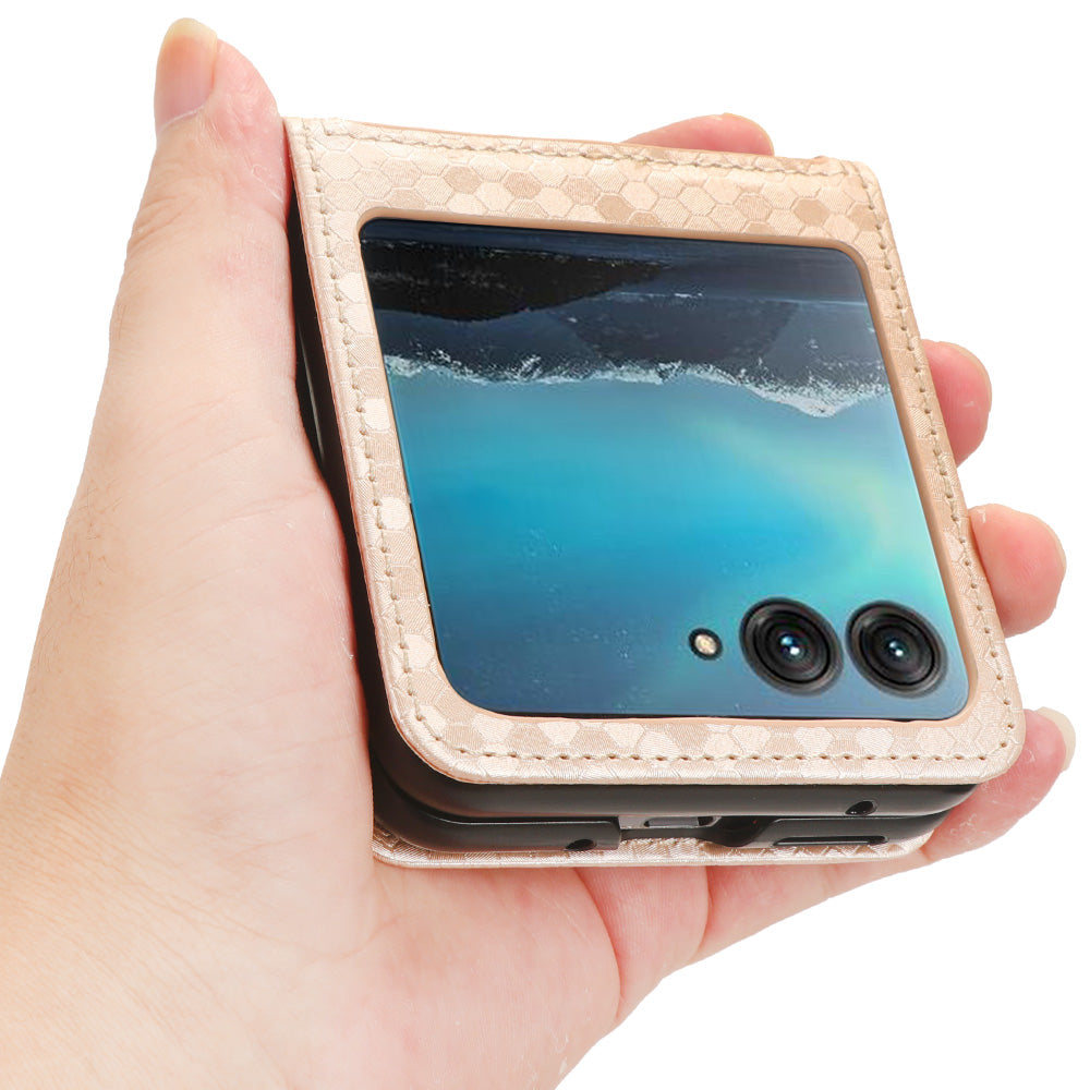 Uniqkart for Motorola Razr 40 Ultra 5G Card Holder Phone Case Imprinted Dot Pattern PU Leather Cover - Rose Gold