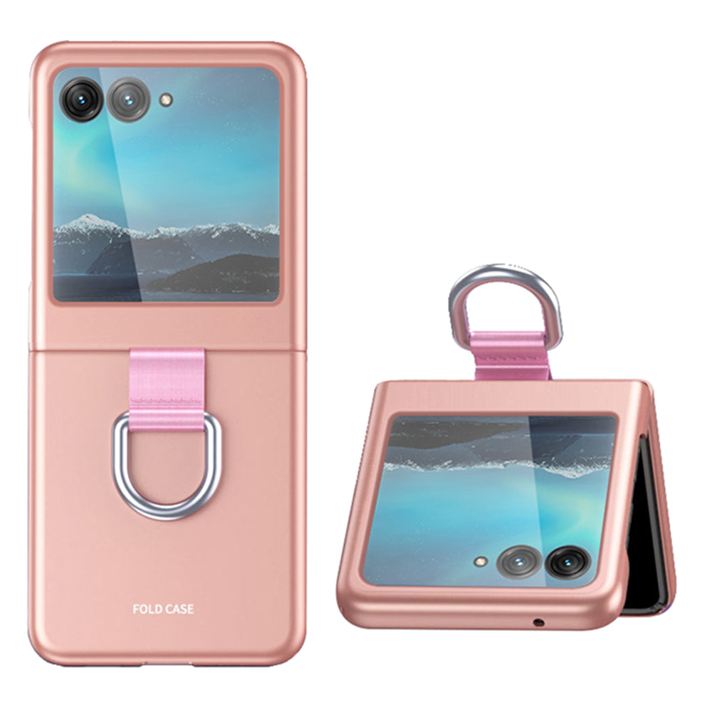 Uniqkart for Motorola Razr 40 Ultra 5G Rubberized Hard PC Phone Case Ring Holder Anti Drop Protective Cover - Rose Gold