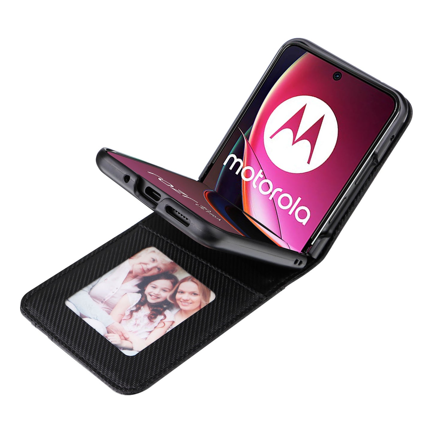 Uniqkart for Motorola Razr 40 Ultra 5G Card Holder Phone Case Carbon Fiber Texture PU Leather+PC Cover - Black