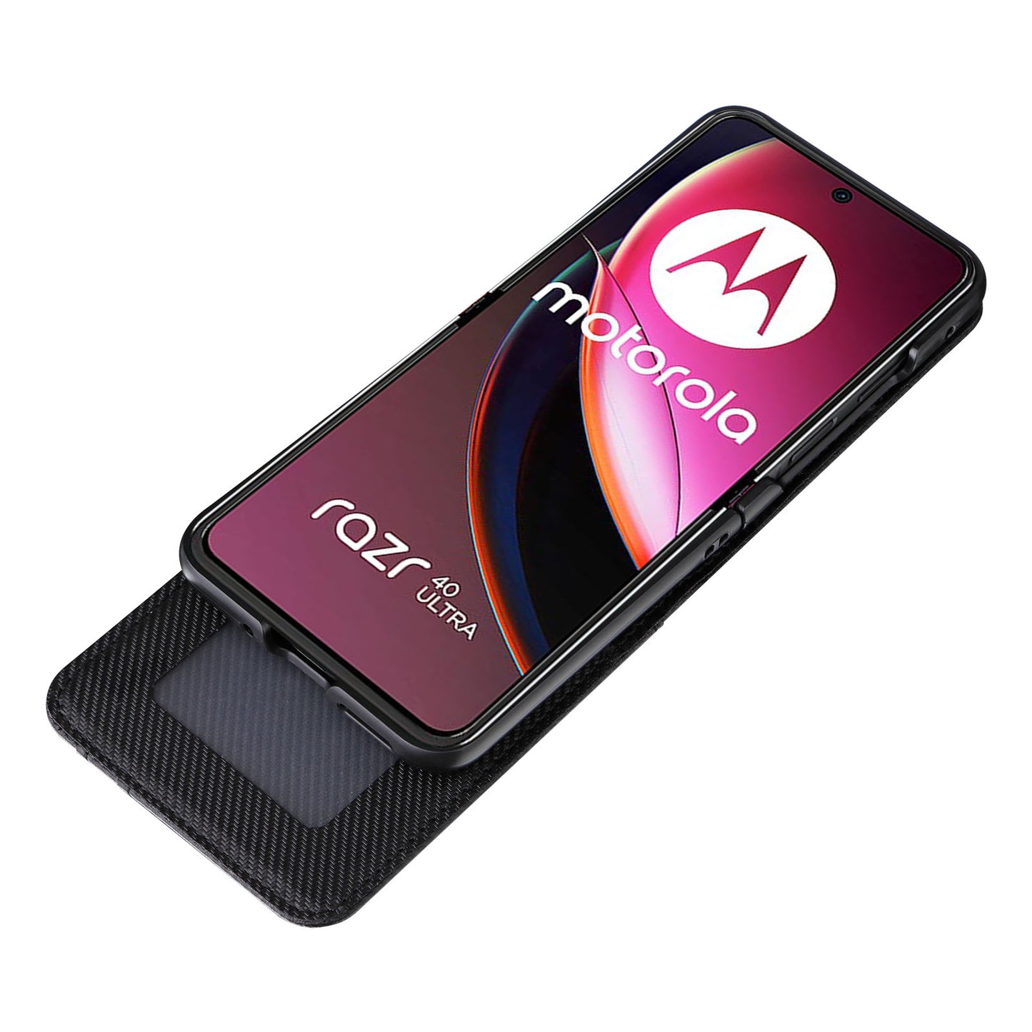 Uniqkart for Motorola Razr 40 Ultra 5G Card Holder Phone Case Carbon Fiber Texture PU Leather+PC Cover - Black