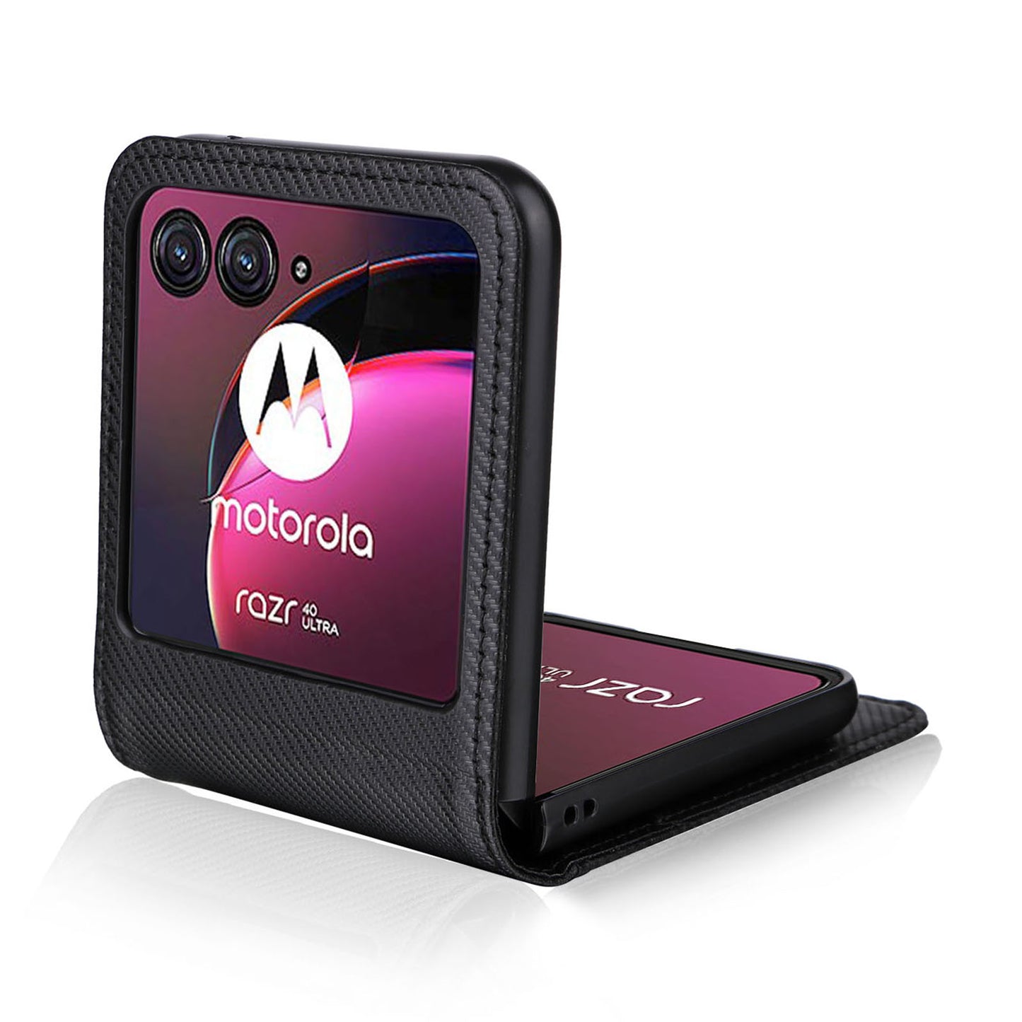 Uniqkart for Motorola Razr 40 Ultra 5G Card Holder Phone Case Carbon Fiber Texture PU Leather+PC Cover - Black