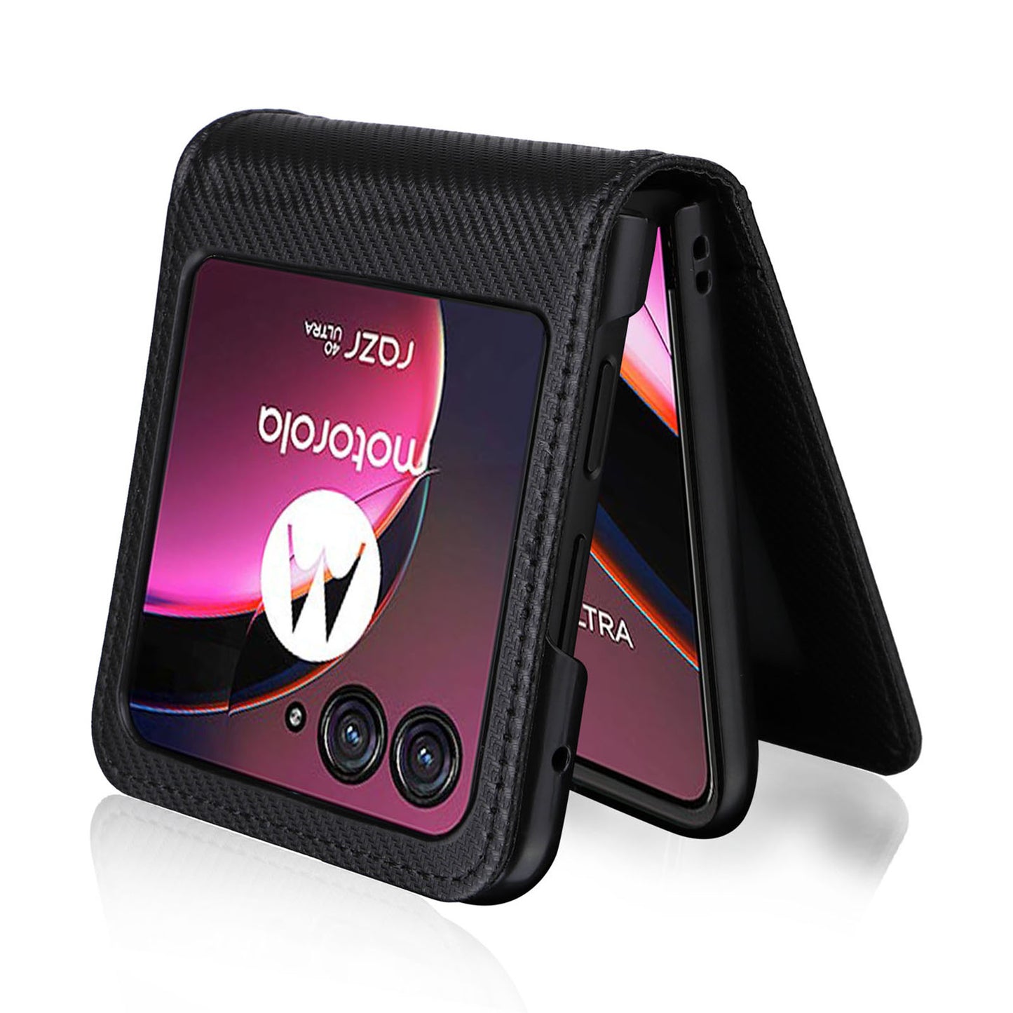 Uniqkart for Motorola Razr 40 Ultra 5G Card Holder Phone Case Carbon Fiber Texture PU Leather+PC Cover - Black