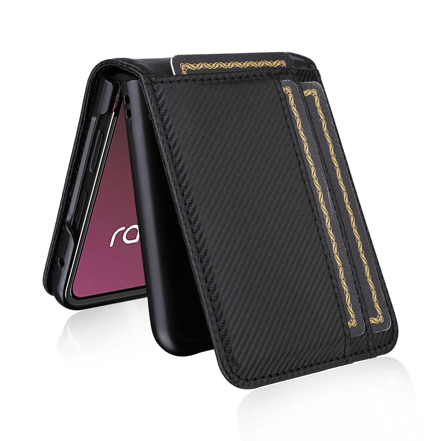 Uniqkart for Motorola Razr 40 Ultra 5G Card Holder Phone Case Carbon Fiber Texture PU Leather+PC Cover - Black