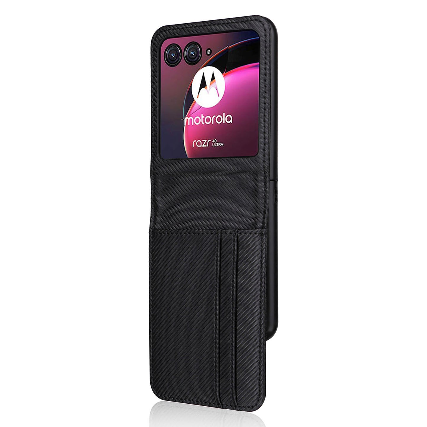 Uniqkart for Motorola Razr 40 Ultra 5G Card Holder Phone Case Carbon Fiber Texture PU Leather+PC Cover - Black