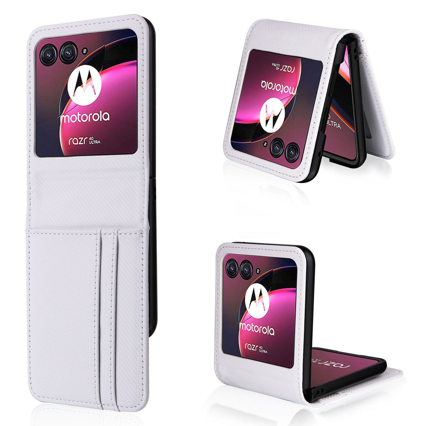 Uniqkart for Motorola Razr 40 Ultra 5G Card Holder Phone Case Carbon Fiber Texture PU Leather+PC Cover - White