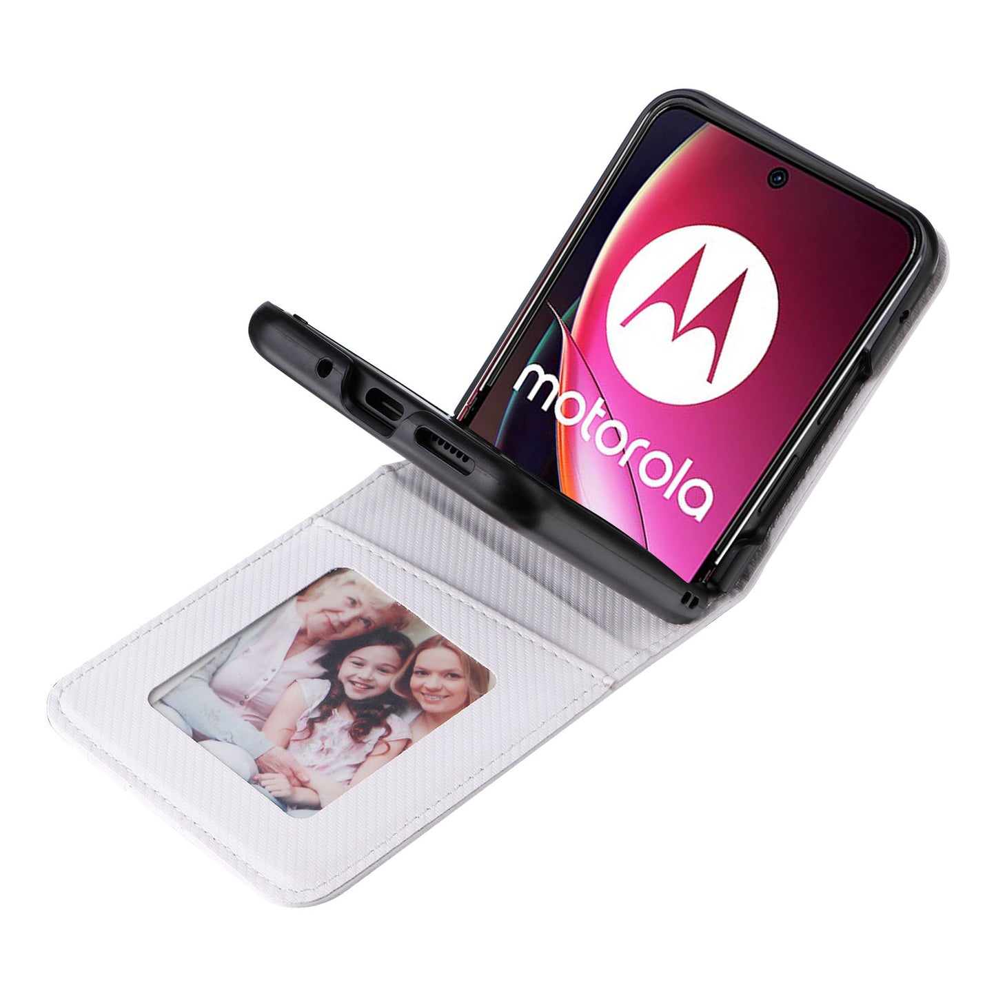 Uniqkart for Motorola Razr 40 Ultra 5G Card Holder Phone Case Carbon Fiber Texture PU Leather+PC Cover - White