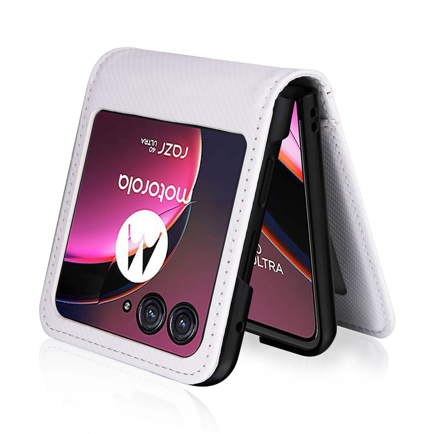 Uniqkart for Motorola Razr 40 Ultra 5G Card Holder Phone Case Carbon Fiber Texture PU Leather+PC Cover - White